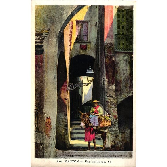 Menton Vintage Postcard Une Vieille Rue Donkey Basket Scene 826 Levy & Neurdein - Picture 1 of 2
